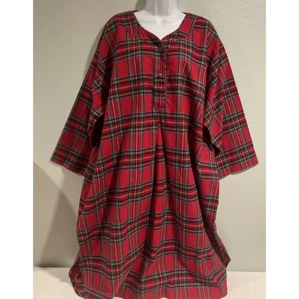 Vermont Country Store 3X Flannel Portuguese Cotton Flannel Red Plaid Night Shirt